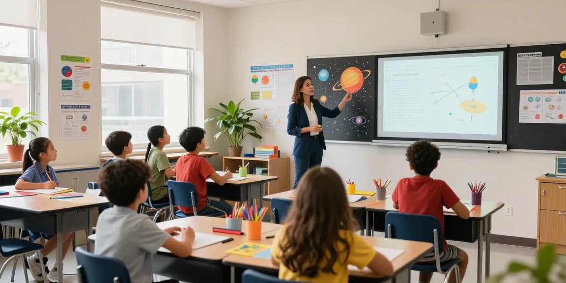 Vibrant classroom with a teacher presenting a solar system poster, capturing the essence of Poster Printers for schools.