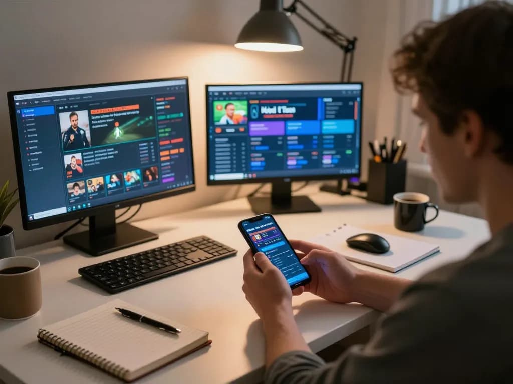 Person engaged in kqbd online sports betting with smartphone, analyzing live updates in a cozy home office setting
