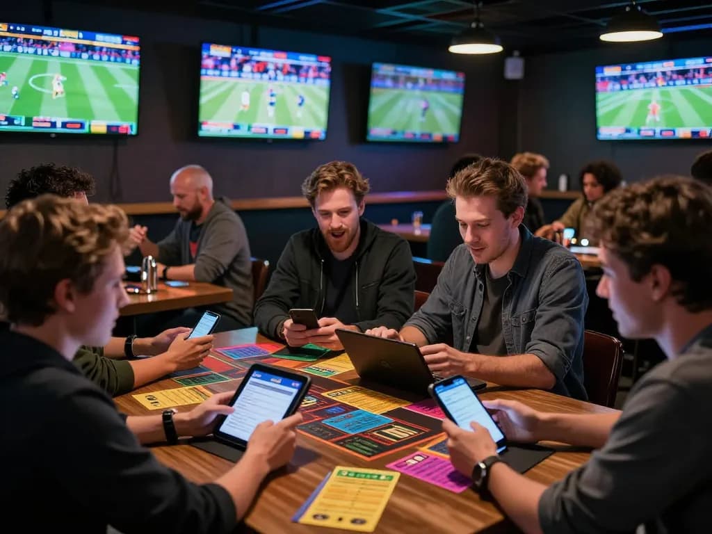 8xbet sports bettors engaged in real-time betting, screens showing live matches, thrilling environment.