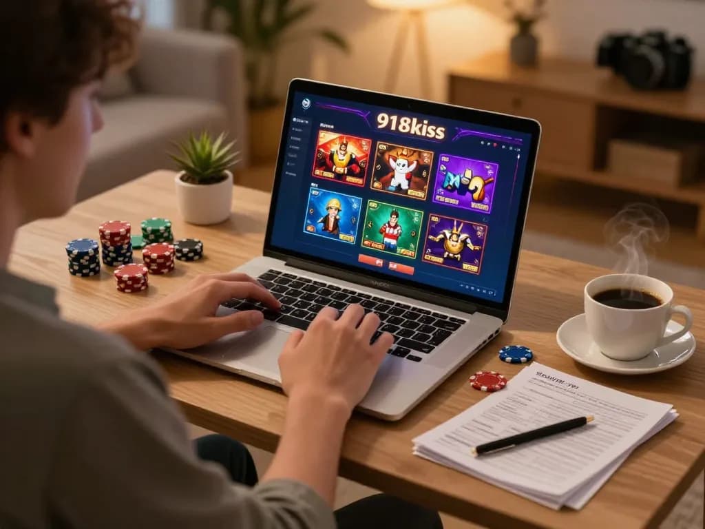An engaged player enjoying a gaming session on the 918kiss app at home, featuring poker chips and strategy notes.