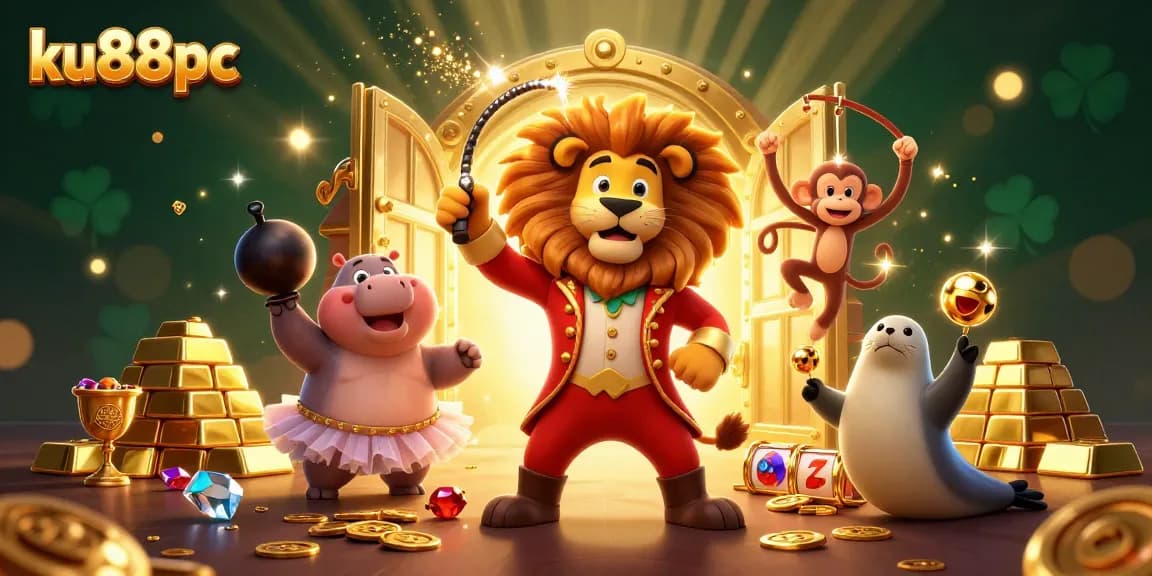 Experience excitement with ku88pc's vibrant 3D casino scene featuring animated characters and dynamic slot elements.