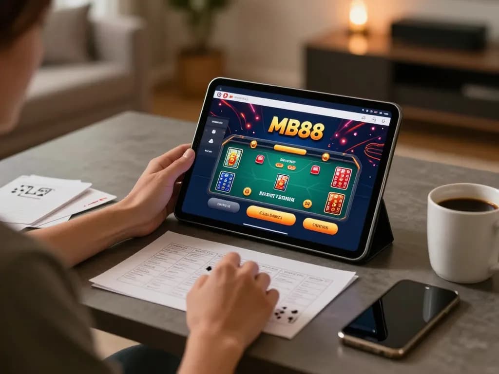 Engaged player using MB88 casino app on tablet for poker game strategy in cozy home setting