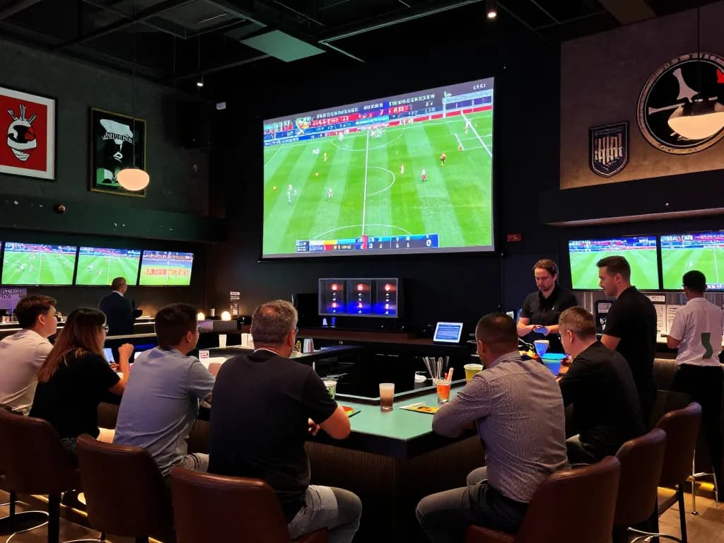 Betting enthusiasts analyzing kèo nhà cái live during a major football match at a modern venue, vibrant atmosphere.