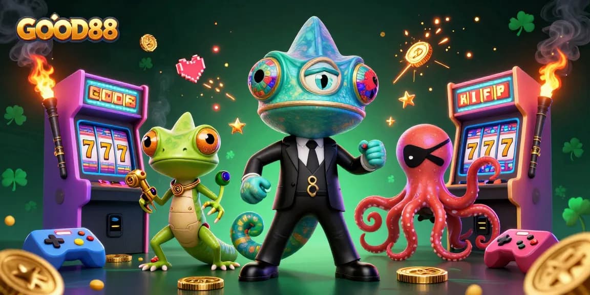 Engage with GOOD88's thrilling casino experience featuring vibrant characters, slot machines, and exciting gameplay.