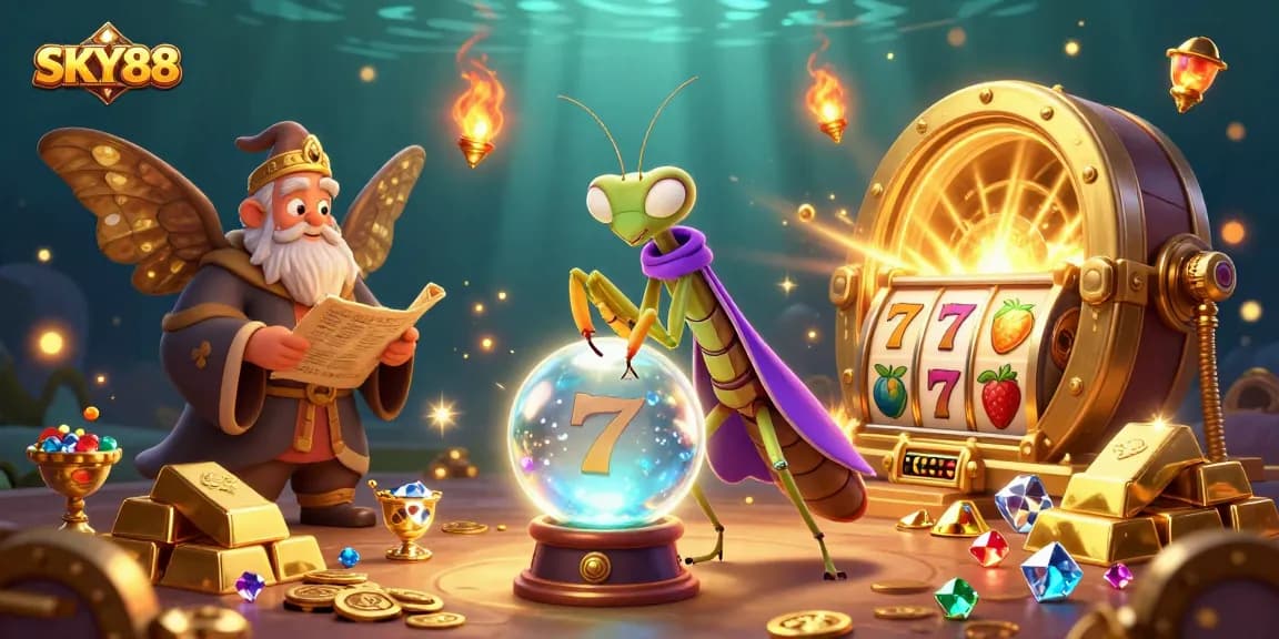 Engage with SKY88's enchanting slots surrounded by a fortune teller and riches in this vibrant 3D scene.