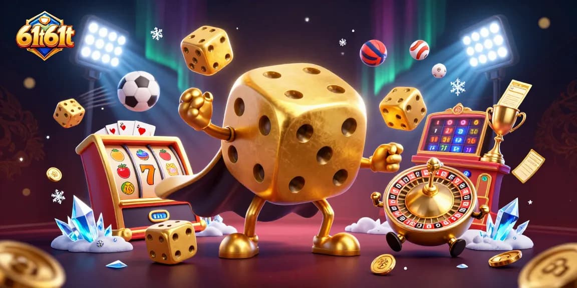 Ilustração 3D do golem de dados dourados 61t61t jogando dados, ao redor símbolos de caça-níqueis e bolas de esportes.
