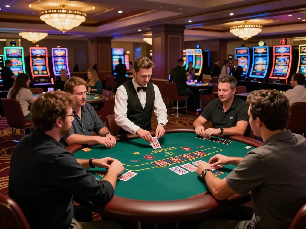 Engaged players at a blackjack table strategizing their bets in a vibrant casino atmosphere - situs 1k gaming experience