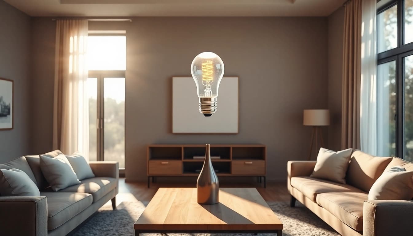 Illuminate your space with a sleek LED A19 bulb, perfectly positioned in a stylish living room.