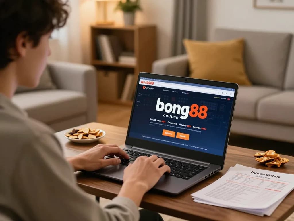 Bong88 online casino experience in a cozy home setting, engaging with betting strategies.