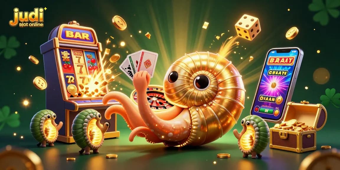 Bermain judi slot online dengan nautilus raksasa dan simbol keberuntungan dalam suasana ceria.