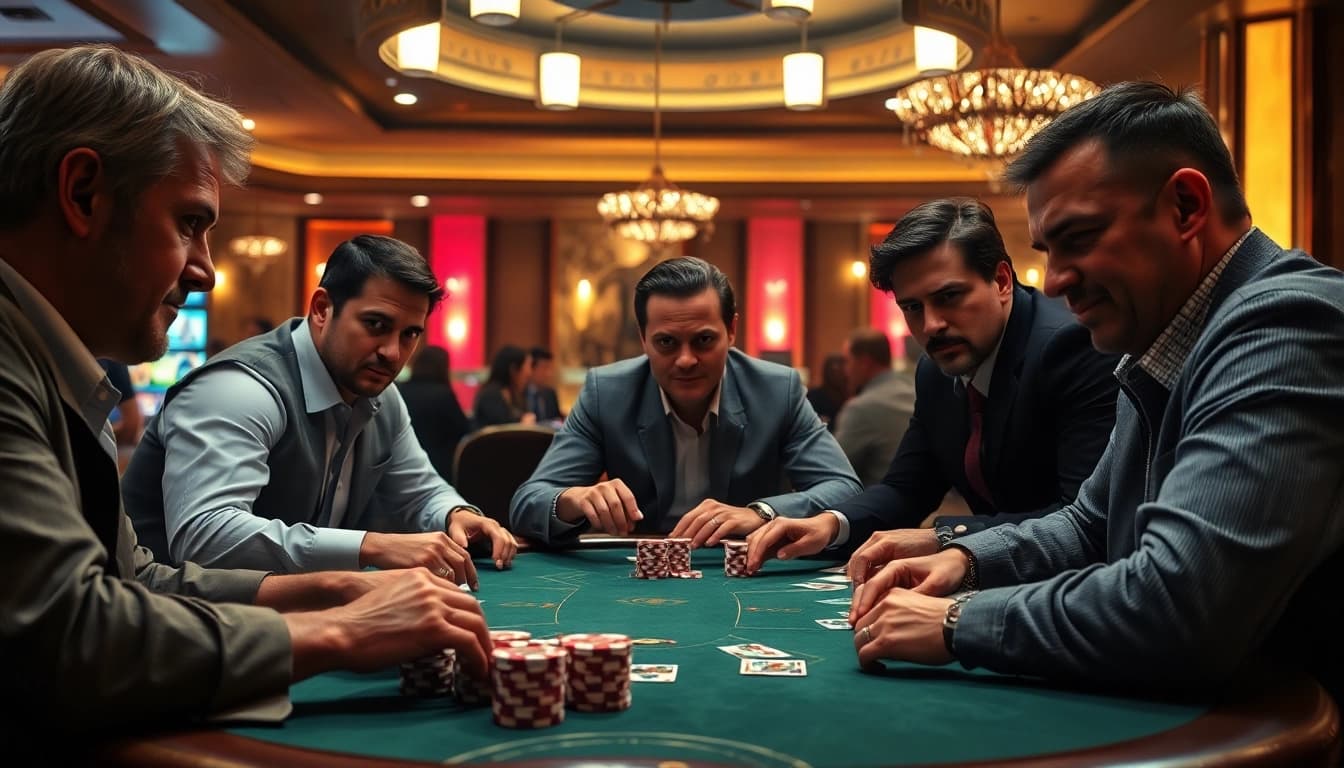 Permainan poker interwin yang mendebarkan dengan suasana kasino yang mewah.