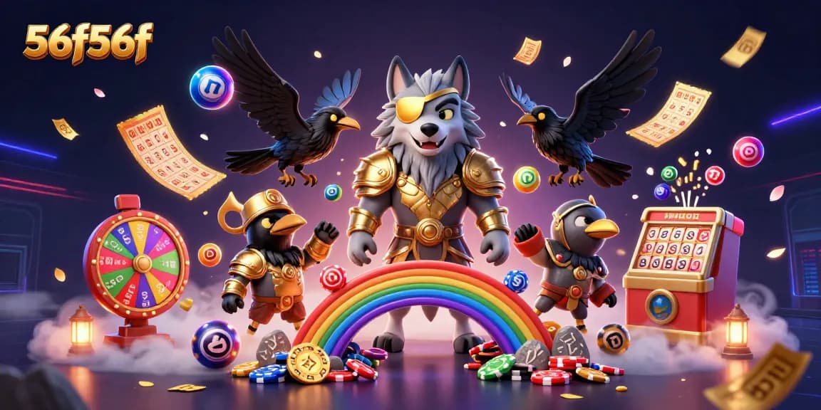 56f56f traz a sorte com uma cena vibrante de cassino, apresentando um lobo Odin e elementos de jogo.