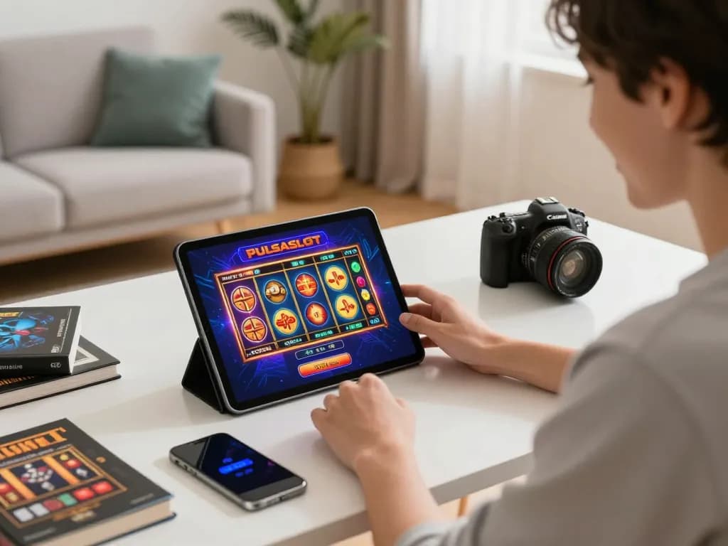 PULSASLOT user enjoying exciting online slot games on a tablet in a cozy home setting, integrating gaming strategy.