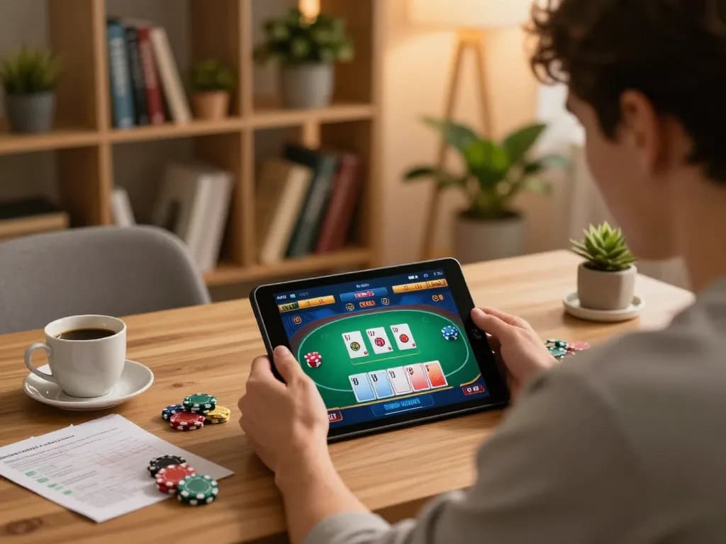MM88 player immersed in online poker gameplay at home with a tablet and strategy notes.