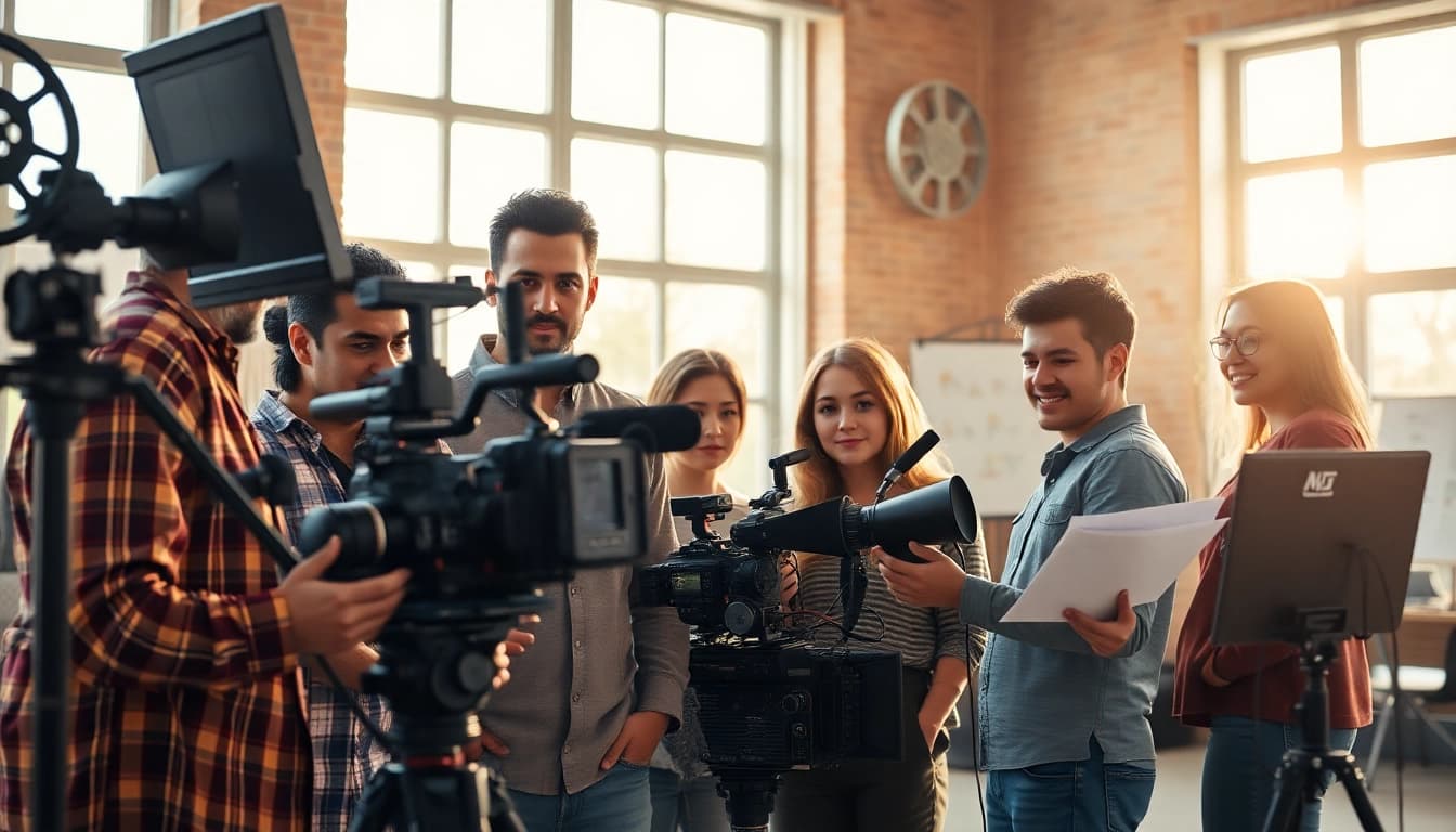 Team collaborating on a project at Oronto video production company with cameras and film equipment.