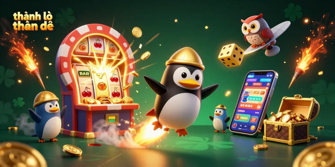 Dynamic scene of thánh lô thần đề illustrating a golden penguin in space with a casino theme, surrounded by riches and excitement.