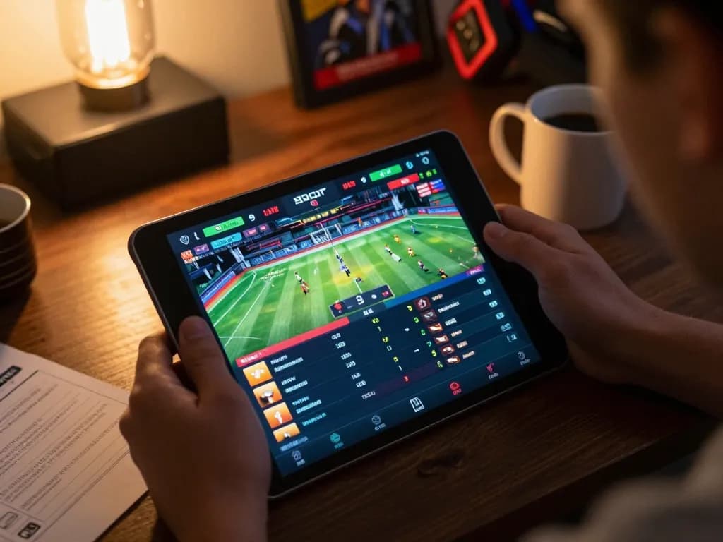 Person actively placing bets on the 88clbgo app, showcasing vibrant sports betting interface and cozy home setup.
