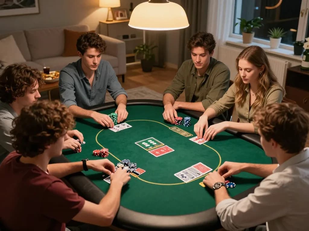 J188 poker night scene with friends strategizing bets at an elegant home setup.