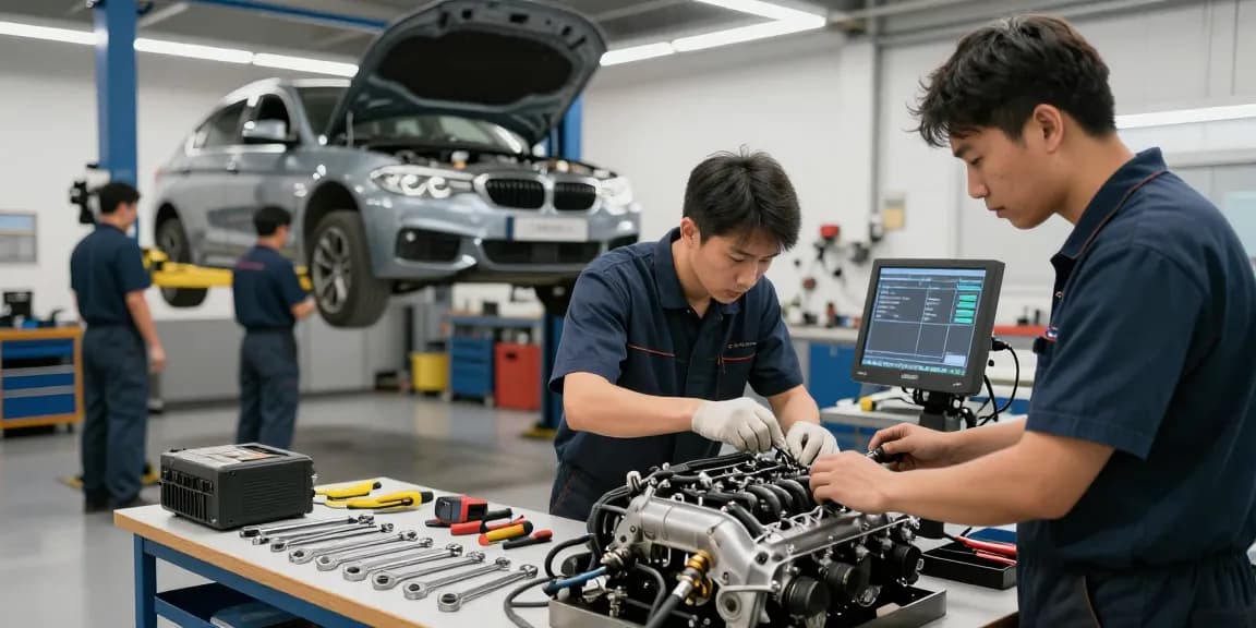 Professionelles Werkstattteam bei der Arbeit an einem BMW in der bmw werkstatt Hannover.