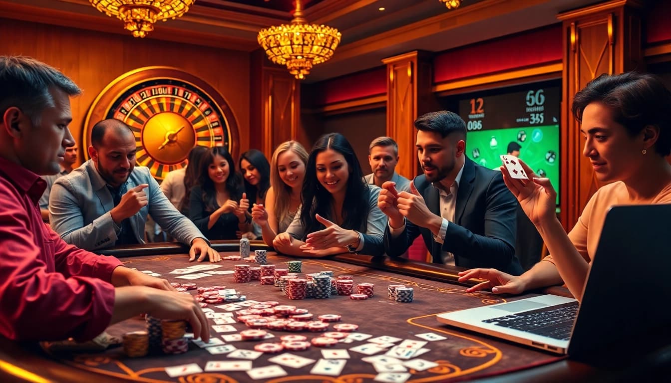 Players enjoying a thrilling game of poker at a BDJL casino table with vibrant colors and intense focus.