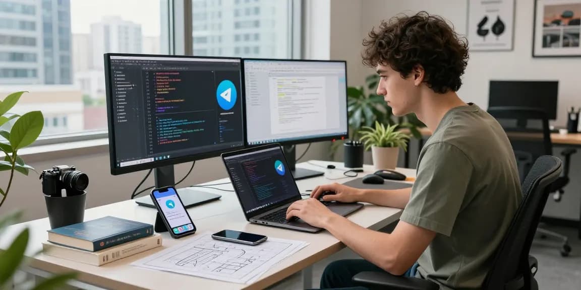 Developer programming Telegram iOS China app in urban workspace.