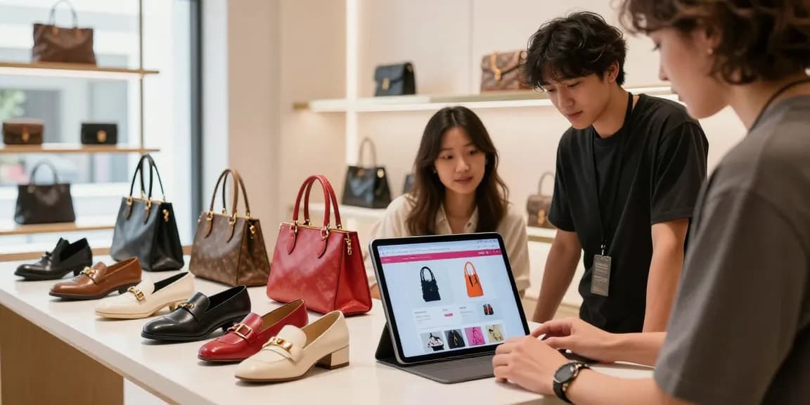 Shoppers exploring high-quality 레플리카 items in a stylish e-commerce environment, showcasing trendy designer bags and accessories.