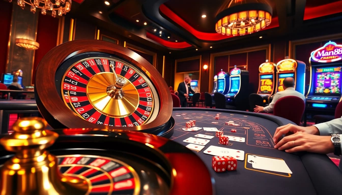Exciting casino scene with players at Man88 poker table, showcasing luxury and high-stakes action.