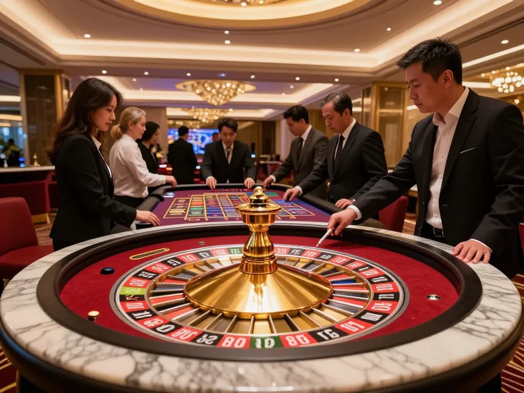win678 players enthusiastically placing bets at a roulette table in a luxurious casino atmosphere