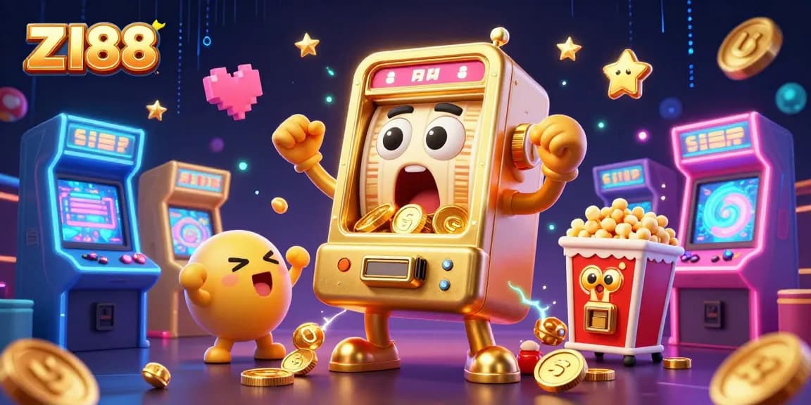 Play slots with Z188, enjoy jackpots as gold coins pour from winning machines in a vibrant casino illustration.