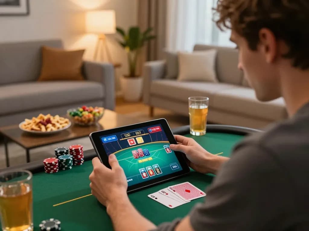 Engaging player enjoying online poker graphics at kp88 in a cozy living room setup.