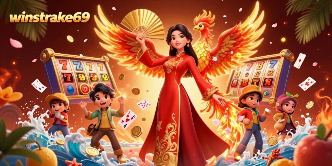 Experience the allure of winstrike69 with dynamic 3D casino elements and vibrant characters celebrating a jackpot.