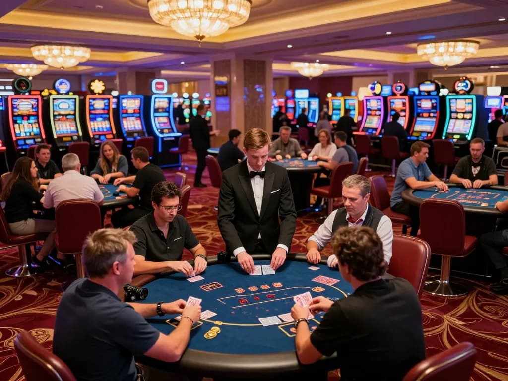 F8BET players enjoy competitive games at luxury casino tables in an upscale environment.