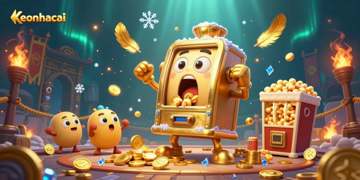 Keonhacai slot machine winning jackpot as coins cascade while baby machines celebrate in vibrant casino scene.