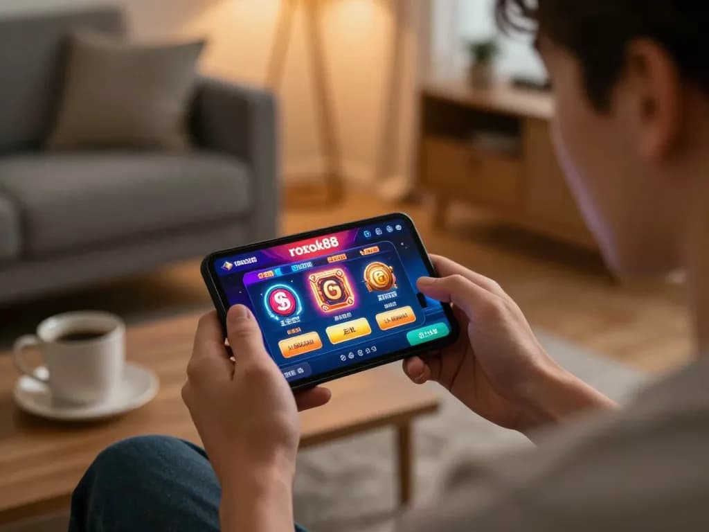 Engage with exciting rokok88 online casino options on your mobile device in a cozy home setting.