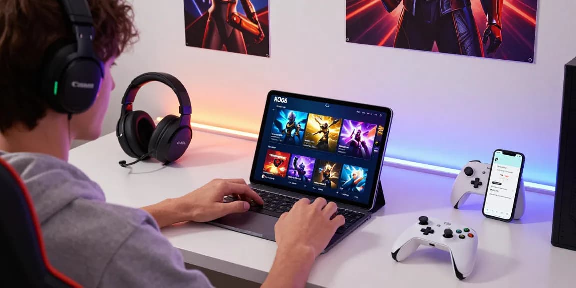 Engaging user experience with KO66 gaming app on tablet, vibrant gaming setup.