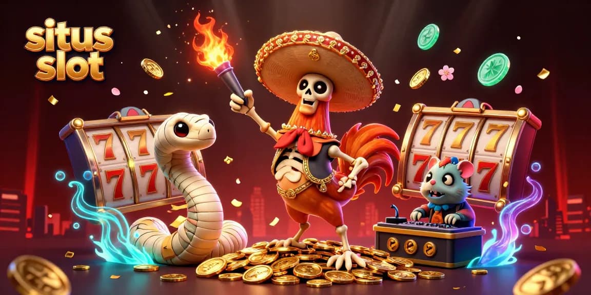 Permainan situs slot yang menarik, skeleton mariachi merayakan kemenangan di atas koin emas dengan latar belakang meriah.