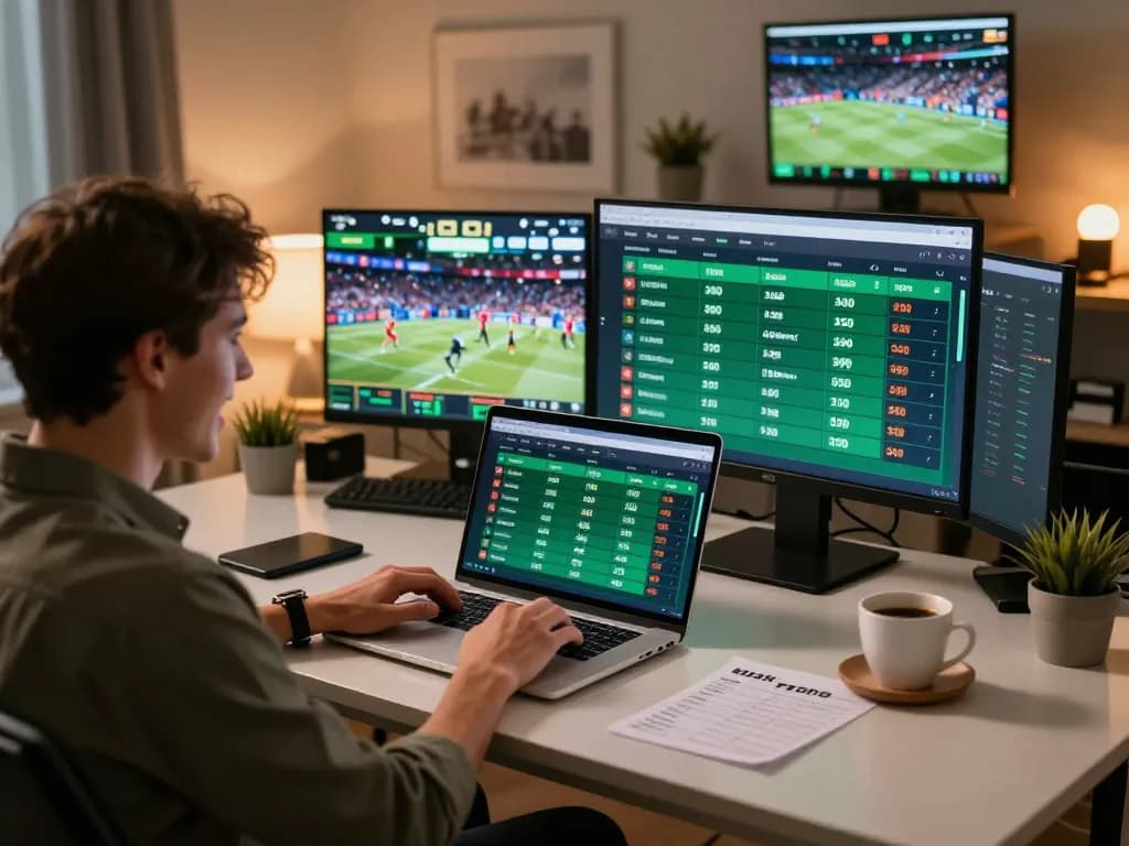 KJC user placing bets with excitement in vibrant online sports betting room.