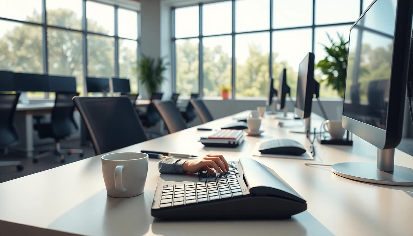 Enhance your skills at a typing center with a modern workspace featuring efficient tools.