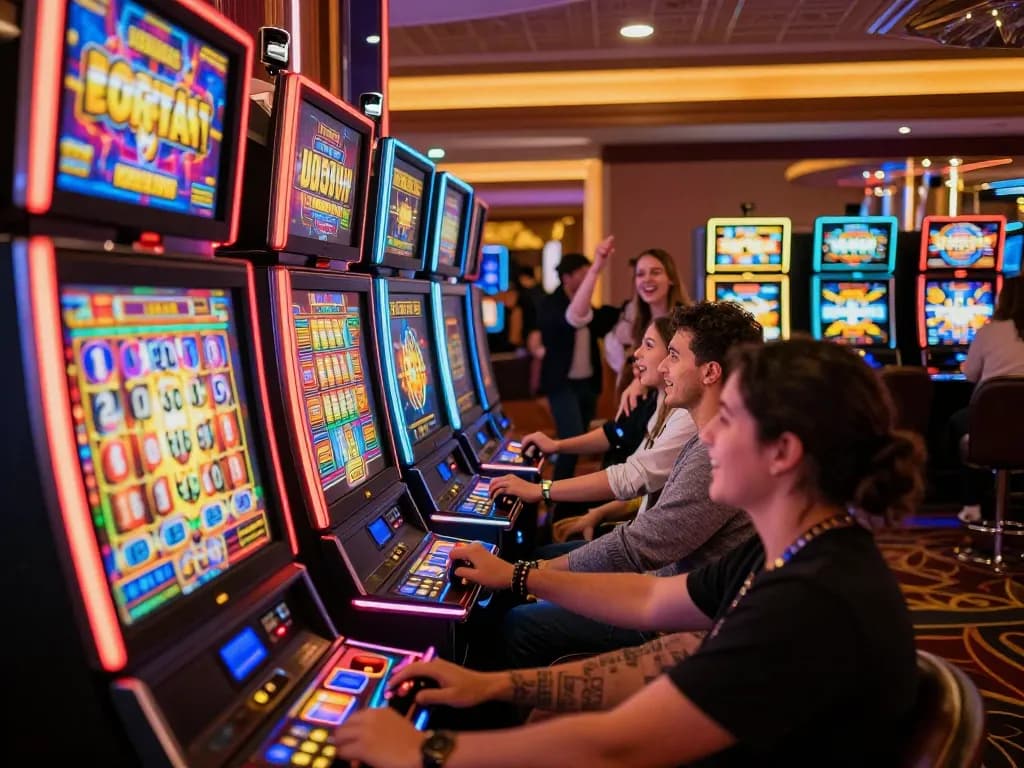 Experience the excitement of slot gacor action as players engage with vibrant machines in a bustling casino.