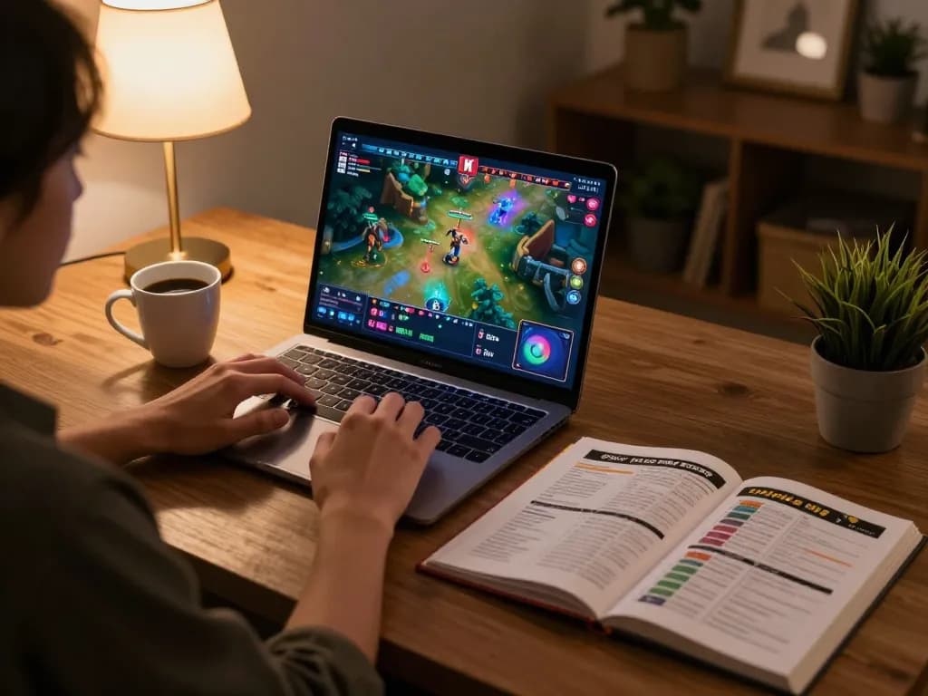 Engaged player analyzing result HK live draw on laptop in a cozy home setting.