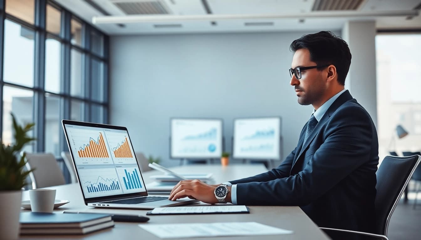 Analyze how to find competitor customer list in a modern office with a laptop and data charts.