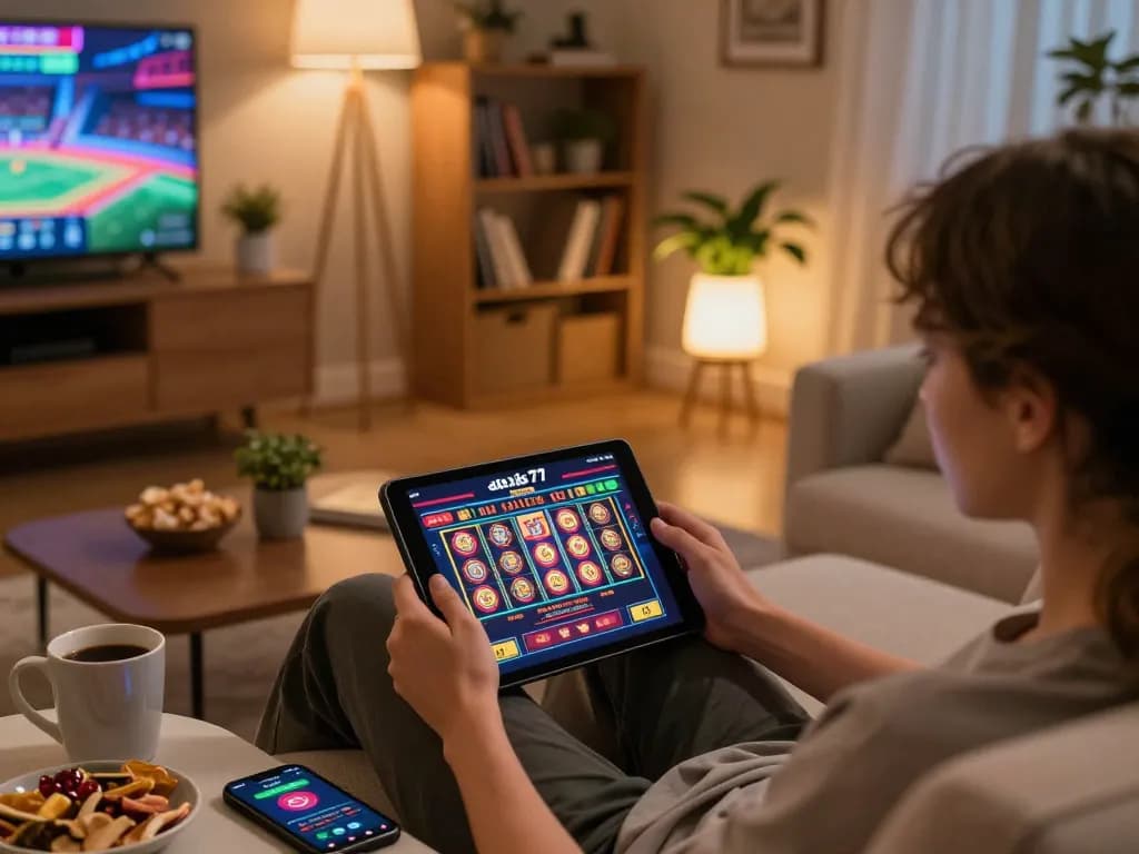 Engaging with the alexis77 platform for online gaming, showcasing excitement with a vibrant interface.