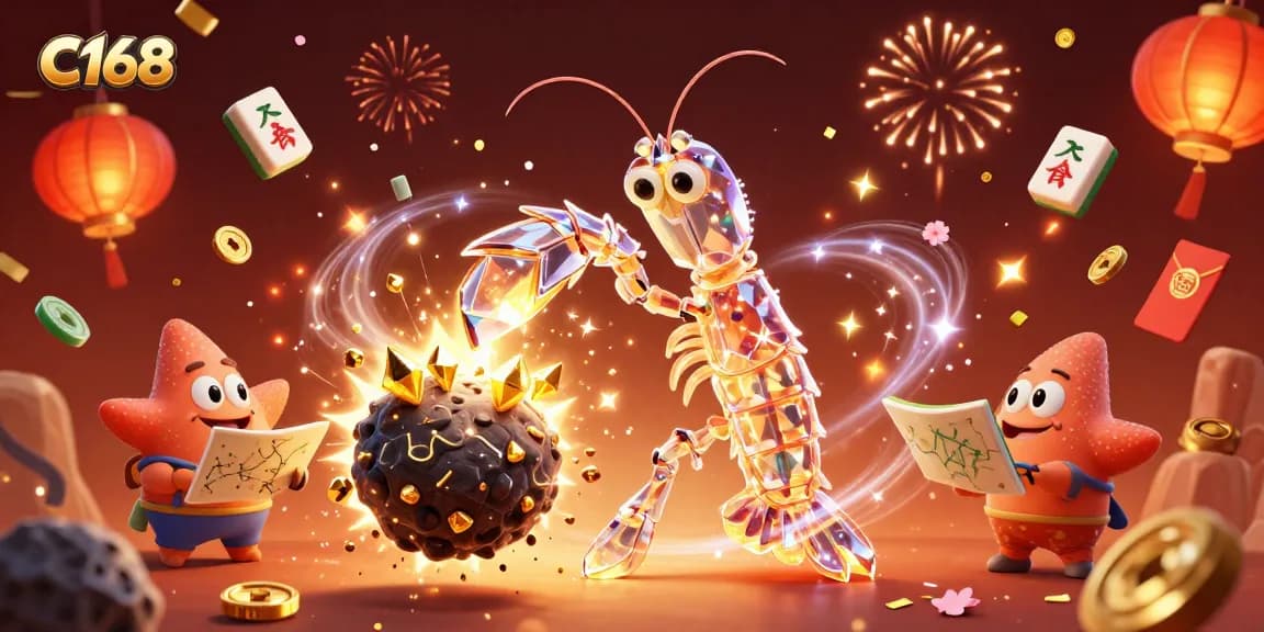 C168 showcases a vibrant casino scene with a mantis shrimp hero, exploding asteroids, and celebratory elements.