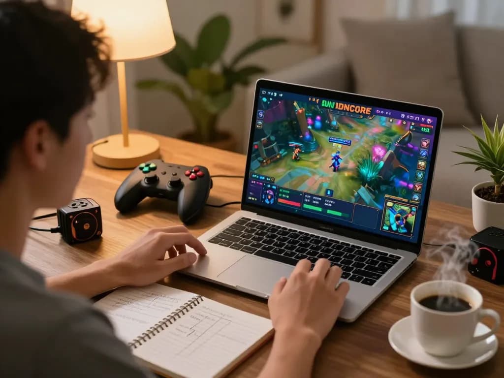 IDNSCORE online gaming experience at home; player focused on laptop with colorful game display.