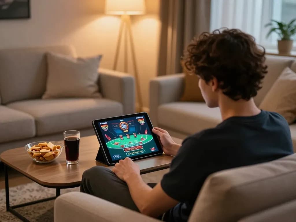 The user engages with blackjack at tg887.com in a cozy living room, surrounded by snacks and drinks.