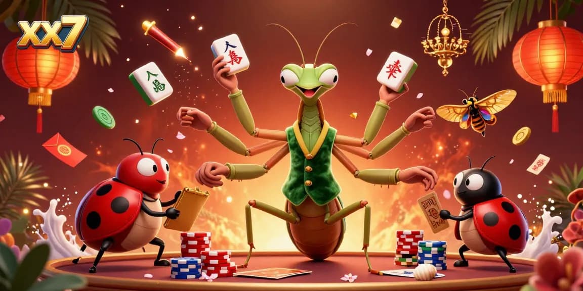 Experience xx7's vibrant casino scene with a giant mantis and ladybug pit boss at the table.