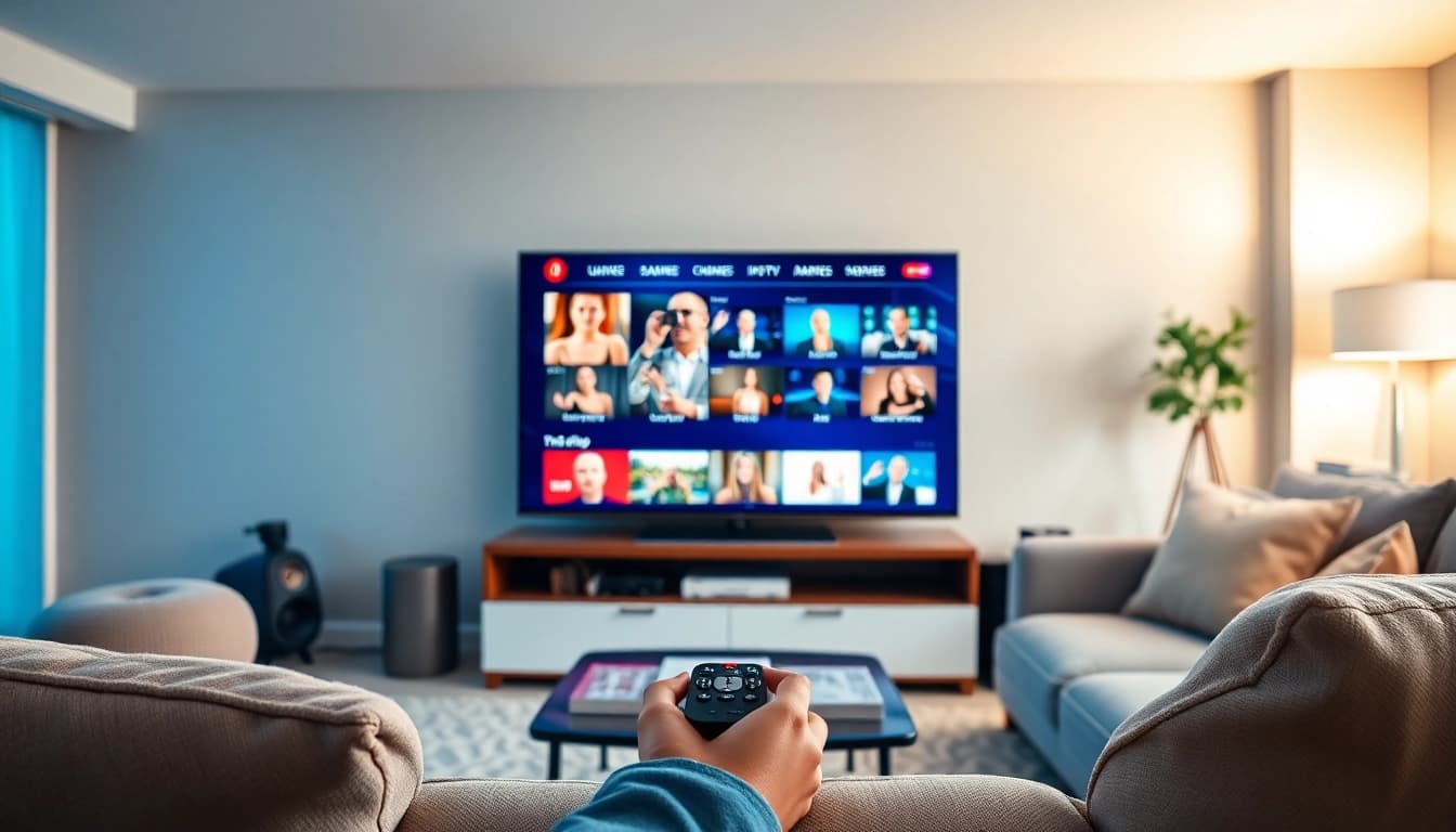 Engaging experience of iptv smarter on a vibrant smart TV in a cozy living room setup.