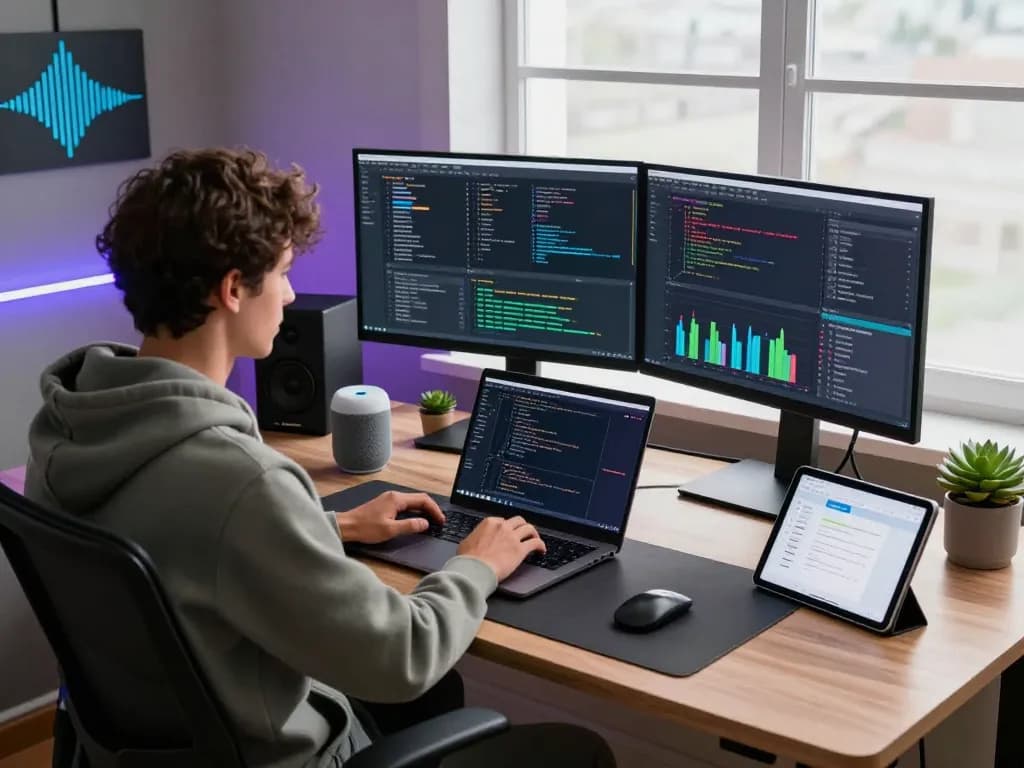 Developer coding with clawdbot ai in a modern workspace with vibrant screens and ambient lighting.