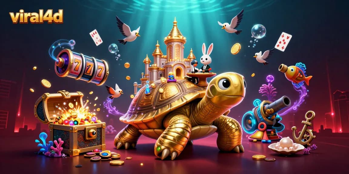 Join the excitement at viral4d with a vibrant scene of casino elements, a rabbit dealer, and gold coins.
