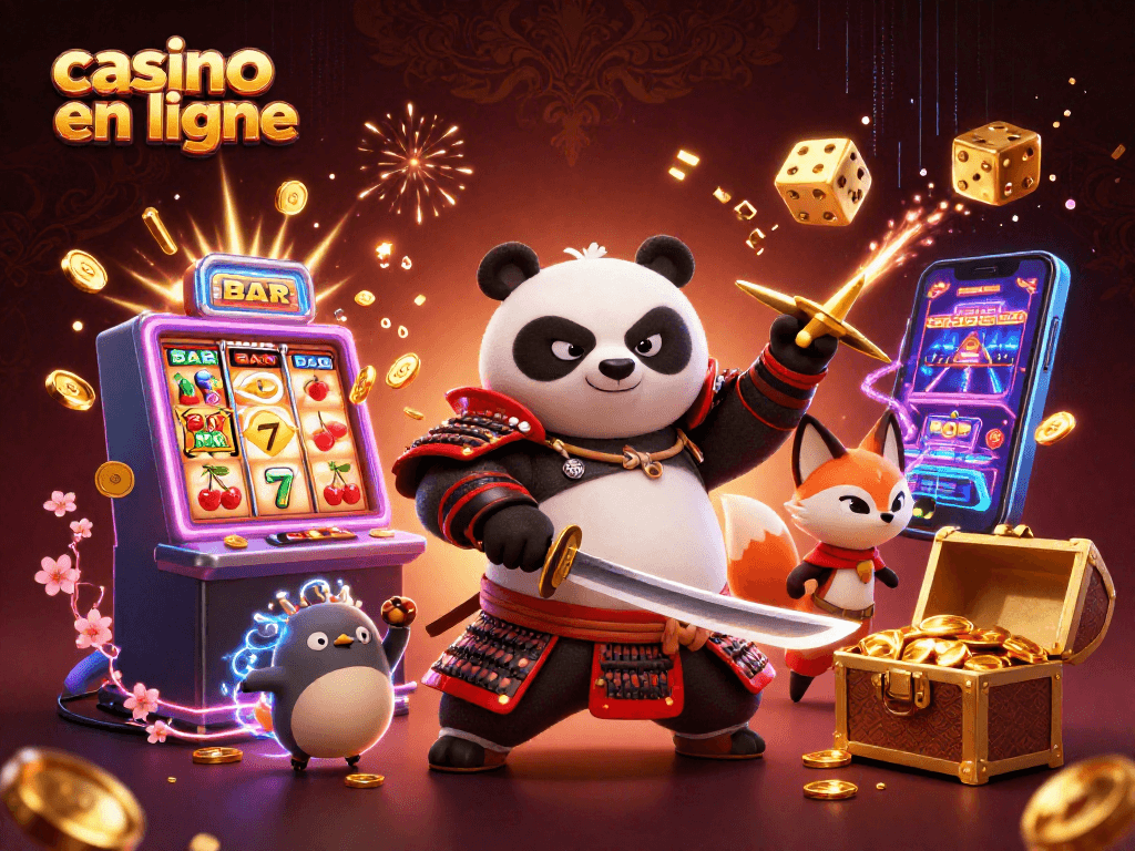 Jouez au casino en ligne avec un samouraï panda et un renard ninja, entourés de machines à sous et de gains.